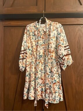 🍁 LC Lauren Conrad Boho Floral Tie Waist Dress Sz XL - Velvet Stripe Sleeves EUC